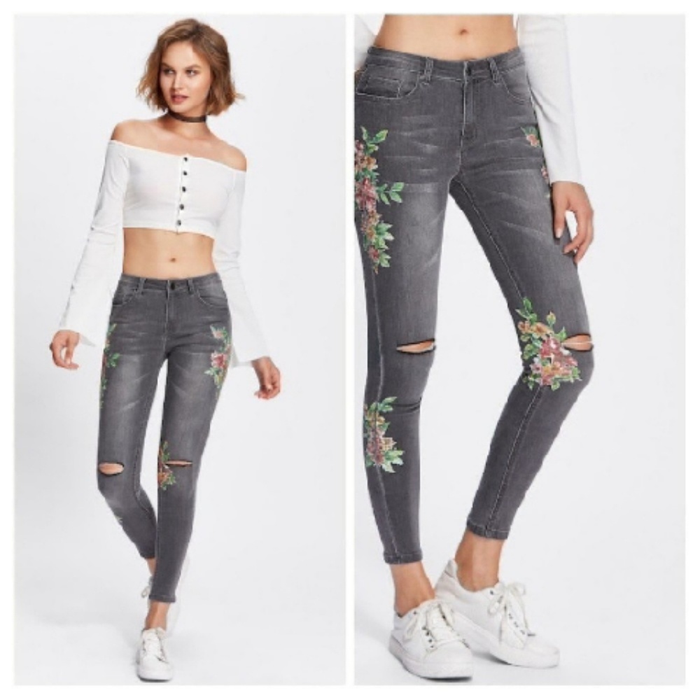 CLEARANCE ❗BOTANICAL APPLIQUED PRINT JEAN'S